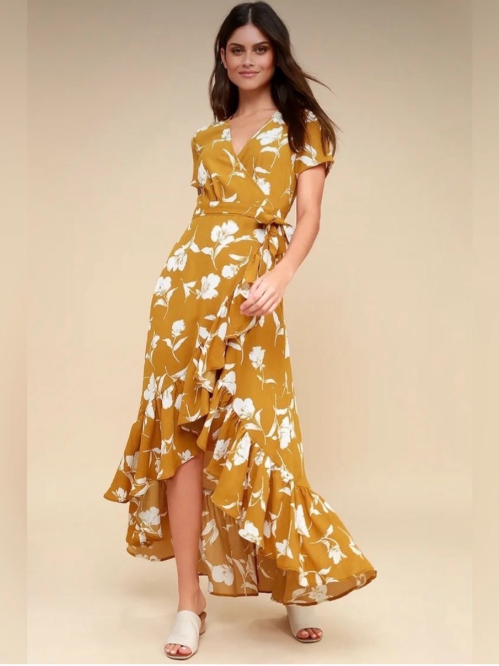 Lulus Vineyard Vacation Floral High-Low Wrap Maxi Dress Mustard Size Small
